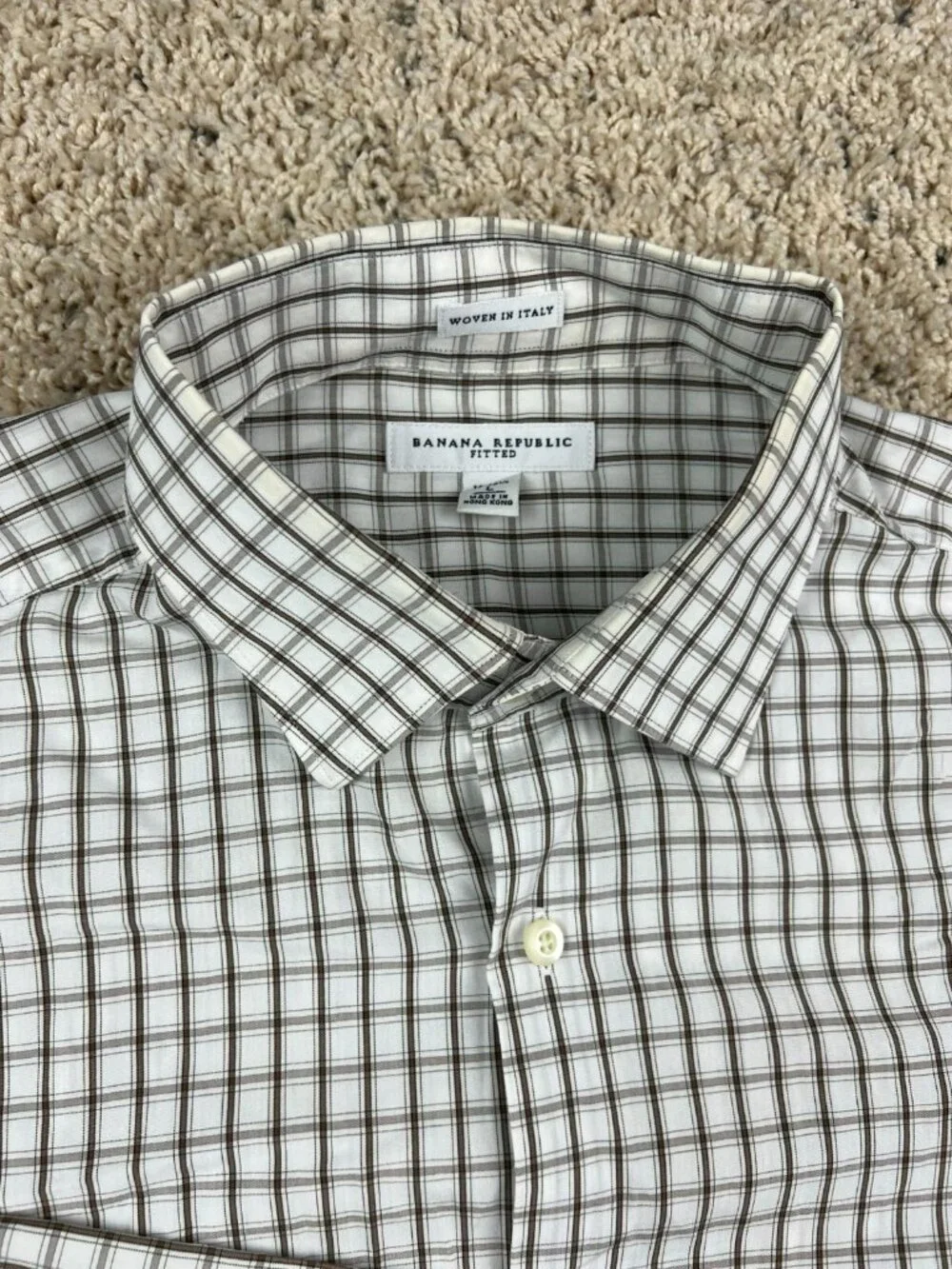 Banana Republic Men's Woven In Italy Plaid Shirt Beige Tan Size Large 16/16.5